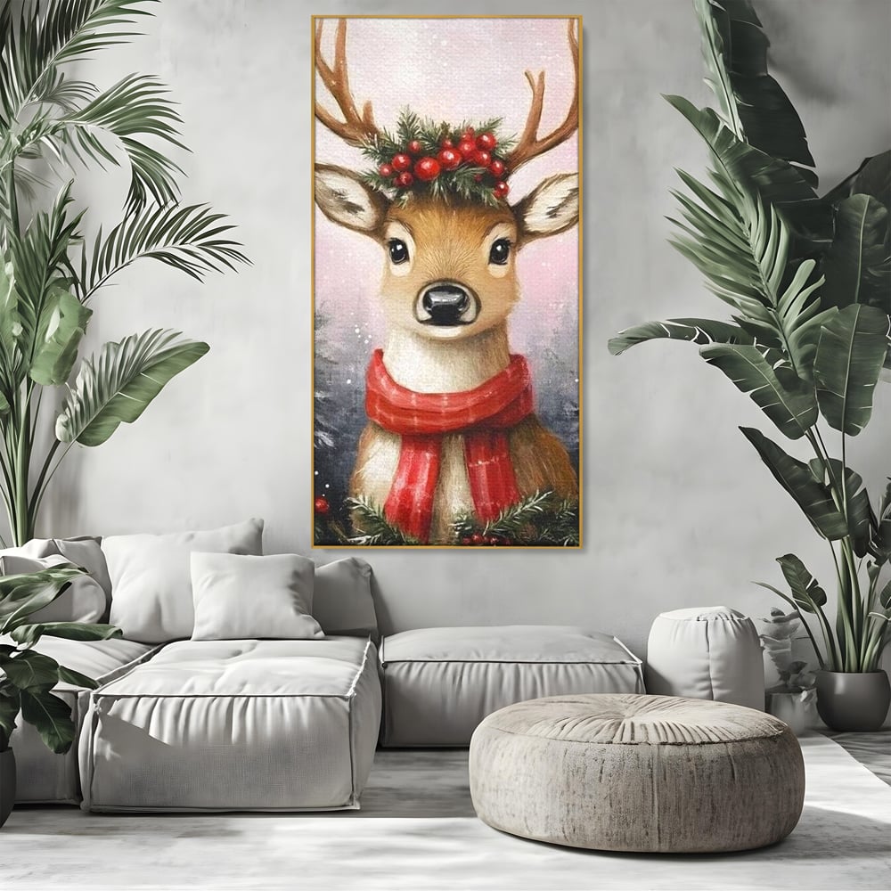 Tablou canvas cu tablou canvas cu ren festiv, in rama de aluminiu auriu, pe perete intr-un living